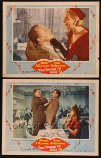 8r974 TOO YOUNG TO KISS 2 LCs '51 Van Johnson about to kiss June Allyson & slapping Gig Young!