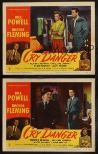 8r634 CRY DANGER 3 LCs '51 film noir, cool images of sexy Rhonda Fleming and Dick Powell!