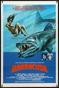 8s064 BARRACUDA 1sh '78 great artwork of huge killer fish attacking sexy diver in bikini!