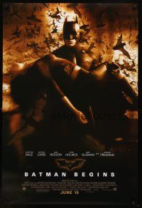 8s069 BATMAN BEGINS June 15 advance DS 1sh '05 Bale as the Caped Crusader carrying Katie Holmes!