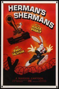 8s366 HERMAN'S SHERMANS Kilian 1sh '88 great art of Roger Rabbit running from Baby Herman in tank!