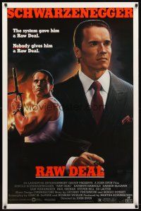 8s578 RAW DEAL 1sh '86 great close up of tough guy Arnold Schwarzenegger with gun!