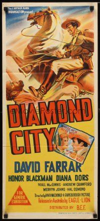 8t484 DIAMOND CITY Aust daybill '51 David Farrar, Diana Dors, Honor Blackman, raw, rough, rugged!