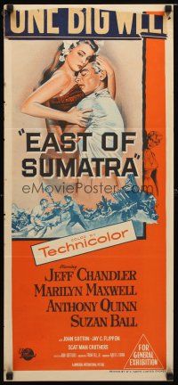 8t496 EAST OF SUMATRA Aust daybill '54 stone litho art of Jeff Chandler, sexy Marilyn Maxwell!
