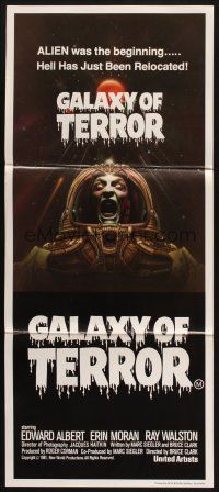 8t539 GALAXY OF TERROR Aust daybill '81 Hell has just been relocated, creepy astronaut image!