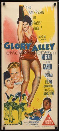 8t550 GLORY ALLEY Aust daybill '52 full-length art of sexy Leslie Caron, Louis Armstrong w/trumpet