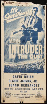 8t598 INTRUDER IN THE DUST Aust daybill '49 William Faulkner, art of man with rifle over crowd!