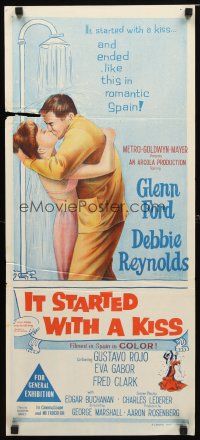 8t602 IT STARTED WITH A KISS Aust daybill '59 Glenn Ford & Debbie Reynolds kissing in shower!