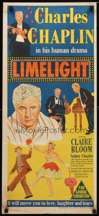 8t633 LIMELIGHT Aust daybill '52 artwork of aging Charlie Chaplin & pretty young Claire Bloom!