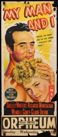 8t694 MY MAN & I Aust daybill '52 romantic art of pretty Shelley Winters & Ricardo Montalban!