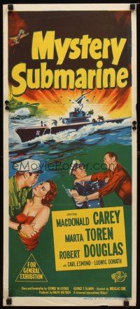 8t697 MYSTERY SUBMARINE Aust daybill '51 Macdonald Carey, Marta Toren, cool U-boat artwork!