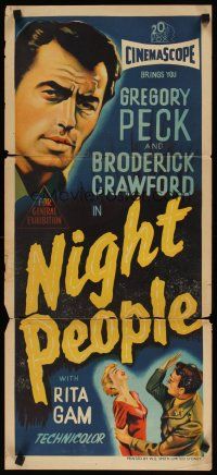 8t707 NIGHT PEOPLE Aust daybill '54 stone litho of military soldier Gregory Peck!