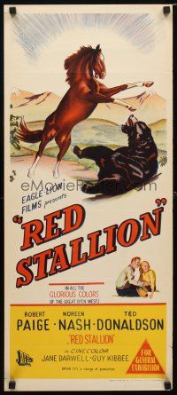 8t762 RED STALLION Aust daybill '47 cool artwork of wild horse fighting grizzly bear!