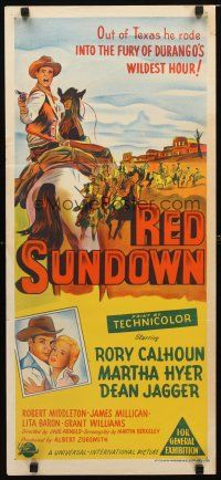 8t763 RED SUNDOWN Aust daybill '56 great western art of Rory Calhoun, Martha Hyer & Dean Jagger!