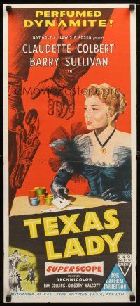 8t862 TEXAS LADY Aust daybill '55 art of perfumed dynamite Claudette Colbert gambling!