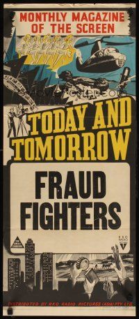 8t893 TODAY & TOMORROW stock Aust daybill '40s cool newsreel stone litho, Fraud Fighters!