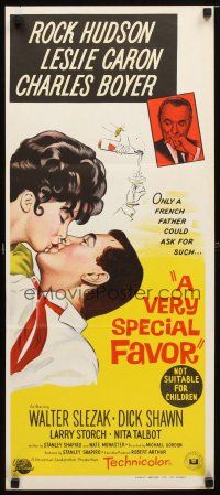 8t926 VERY SPECIAL FAVOR Aust daybill '65 Rock Hudson kisses sexy Leslie Caron, Charles Boyer!
