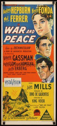 8t941 WAR & PEACE Aust daybill '56 Richardson Studio art of Hepburn, Fonda & Ferrer, Tolstoy epic!