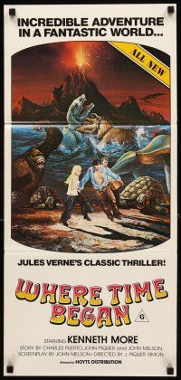 8t964 WHERE TIME BEGAN Aust daybill '76 Jules Verne, art of stars running from gigantic monsters!