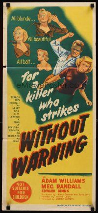 8t980 WITHOUT WARNING Aust daybill '52 art of the Love-Killer about to stab his victim!