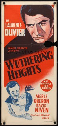 8t991 WUTHERING HEIGHTS Aust daybill R50s Laurence Olivier is torn with desire for Merle Oberon!