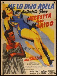 8t014 NECESITO UN MARIDO Mexican poster '55 art of sexy Maria Antonieta Pons wearing swimsuit!