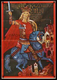 8t118 KAZIMIERZ WIELKI Polish 27x38 '76 Swierzy artwork of King on horseback w/sword!