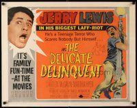 8y591 DELICATE DELINQUENT 1/2sh R62 wacky teen-age terror Jerry Lewis hanging from light post!