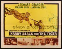8y656 HARRY BLACK & THE TIGER 1/2sh '58 art of tiger leaping at hunter Stewart Granger with gun!