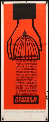 8z029 ADVISE & CONSENT insert '62 Otto Preminger, classic Saul Bass Washington Capitol artwork!