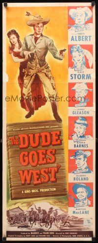 8z235 DUDE GOES WEST insert '48 wacky art of cowboy Eddie Albert protecting sexy Gale Storm!