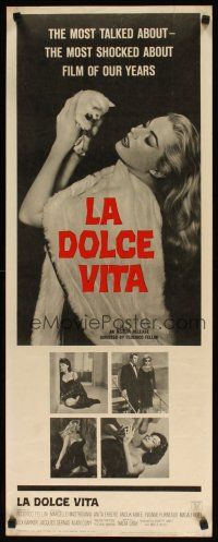 8z421 LA DOLCE VITA insert '61 Federico Fellini, full-length sexy Anita Ekberg holding kitten!
