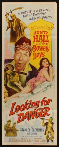 8z453 LOOKING FOR DANGER insert '57 Bowery Boys, wacky image of Huntz Hall & sexy harem girl!