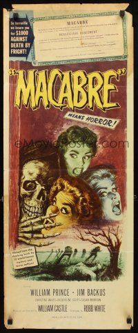 8z467 MACABRE insert '58 William Castle, cool artwork of skeleton & screaming babes in graveyard!