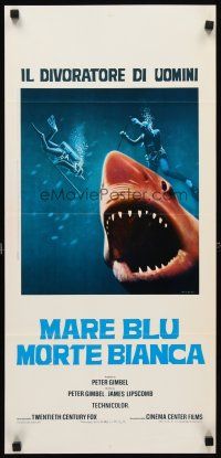 8z807 BLUE WATER, WHITE DEATH red shark Italian locandina '72 c/u of shark with open mouth!