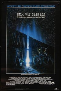 9a262 EXPLORERS 1sh '85 Joe Dante directed, image of bike & skateboard by glowing fence!