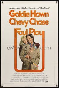 9a280 FOUL PLAY 1sh '78 wacky Lettick art of Goldie Hawn & Chevy Chase, screwball comedy!