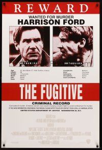 9a290 FUGITIVE recalled int'l 1sh '93 Harrison Ford is on the run, cool wanted poster!