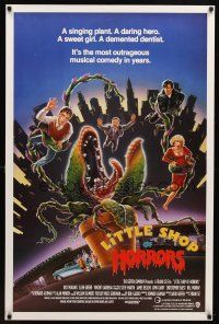 9a485 LITTLE SHOP OF HORRORS int'l 1sh '87 art of carnivorous plant grabbing Rick Moranis & cast!