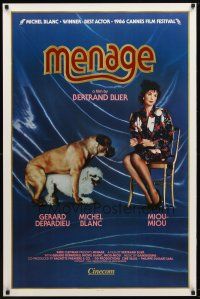 9a520 MENAGE 1sh '86 Tenue de Soiree, really outrageous image of Miou-Miou sitting with dogs!