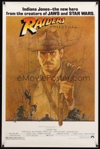 9a598 RAIDERS OF THE LOST ARK re-strike 1sh '90s art of adventurer Harrison Ford by Richard Amsel!