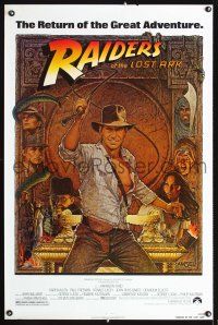 9a597 RAIDERS OF THE LOST ARK 1sh R82 great art of adventurer Harrison Ford by Richard Amsel!