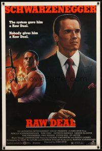9a603 RAW DEAL 1sh '86 close up of tough guy Arnold Schwarzenegger with gun & in suit!