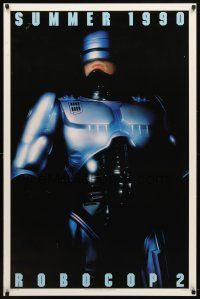 9a623 ROBOCOP 2 teaser DS 1sh '90 great close up of cyborg policeman Peter Weller, sci-fi sequel!