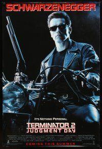 9a734 TERMINATOR 2 advance DS 1sh '91 James Cameron, Arnold Schwarzenegger on motorcycle w/shotgun!