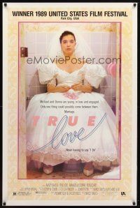 9a765 TRUE LOVE 1sh '89 wacky image of Annabella Sciorra as bride on toilet!