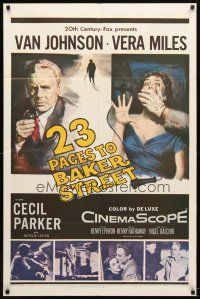 9b008 23 PACES TO BAKER STREET 1sh '56 cool artwork of Van Johnson & scared Vera Miles!