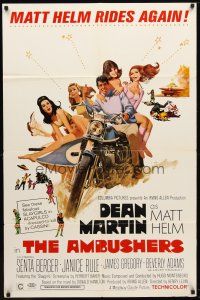 9b036 AMBUSHERS 1sh '67 art of Dean Martin as Matt Helm with sexy Slaygirls on motorcycle!