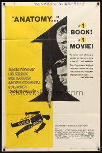 9b046 ANATOMY OF A MURDER style A 1sh '59 Preminger, Saul Bass silhouette art + images of stars!
