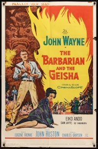 9b076 BARBARIAN & THE GEISHA 1sh '58 John Huston, art of John Wayne with torch & Eiko Ando!